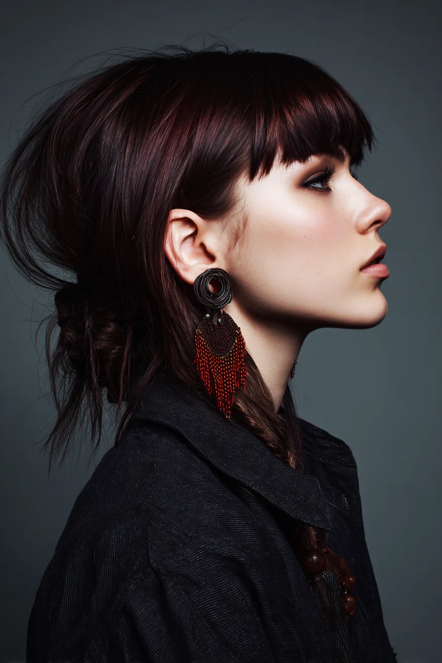Textured Low Messy Bun with Blunt Fringe — Tousled Updo for Medium to Long Hair