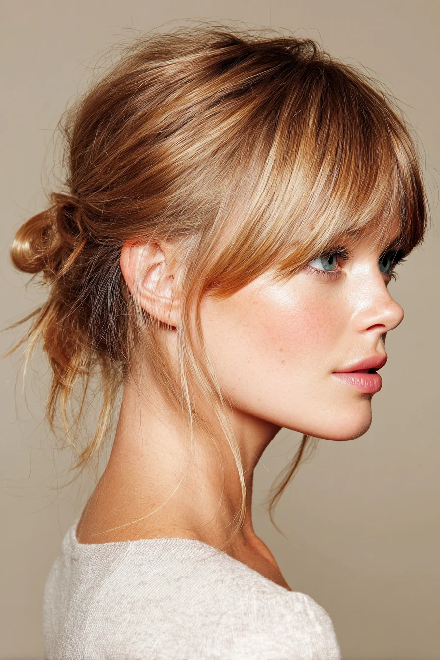Textured Low Messy Bun with Curtain Bangs and Face‑Framing Wisps