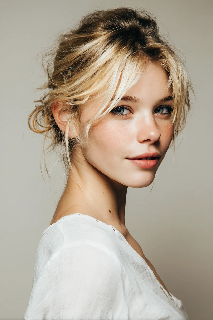 Textured Low Messy Bun with Curtain Bangs