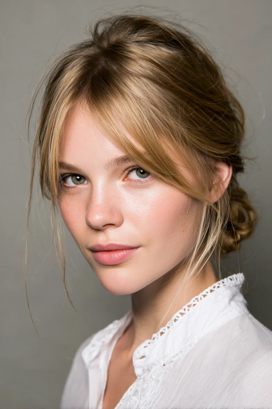 Textured Low Messy Bun with Face‑Framing Curtain Bangs