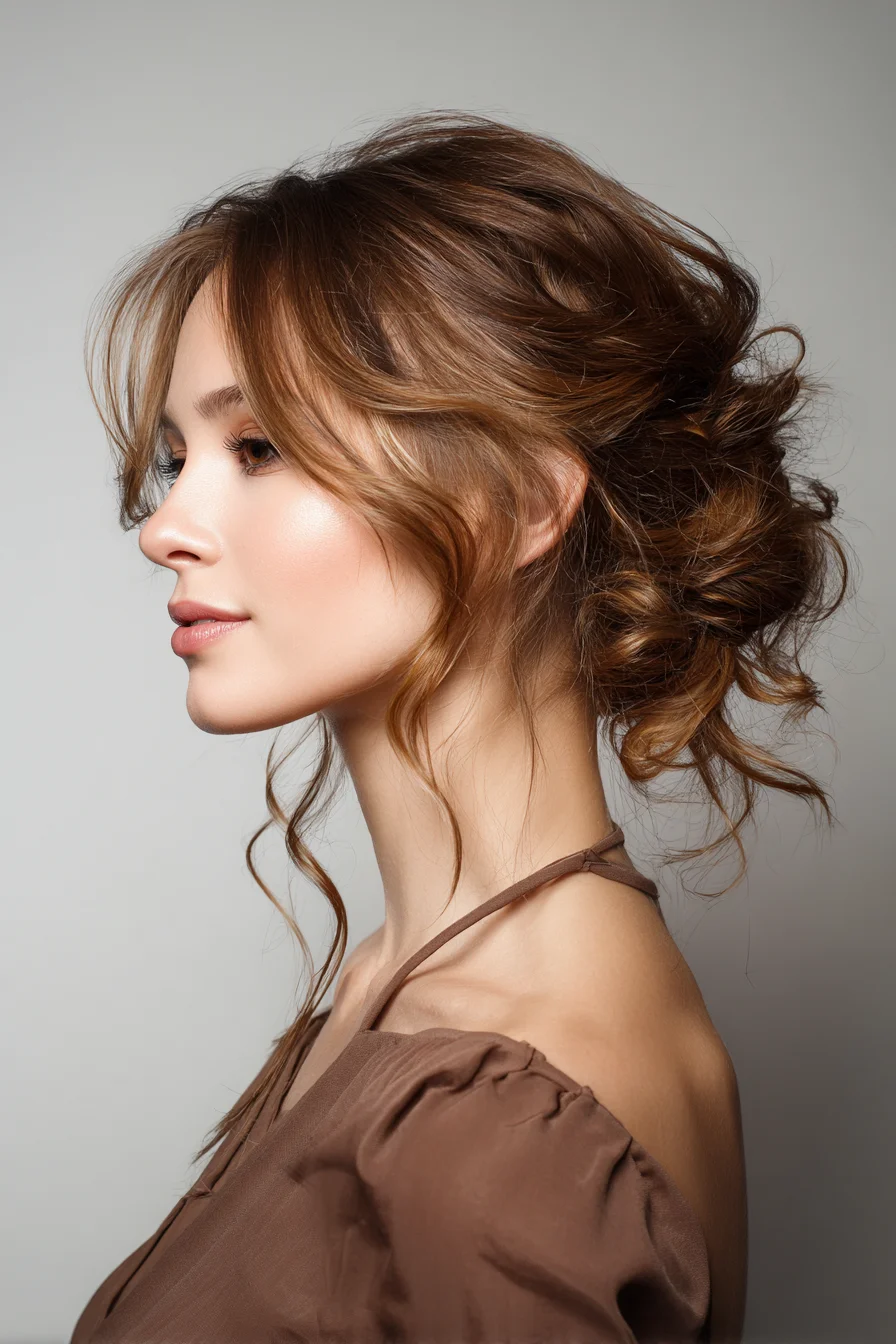 Textured Low Messy Bun with Face‑Framing Curtain Layers