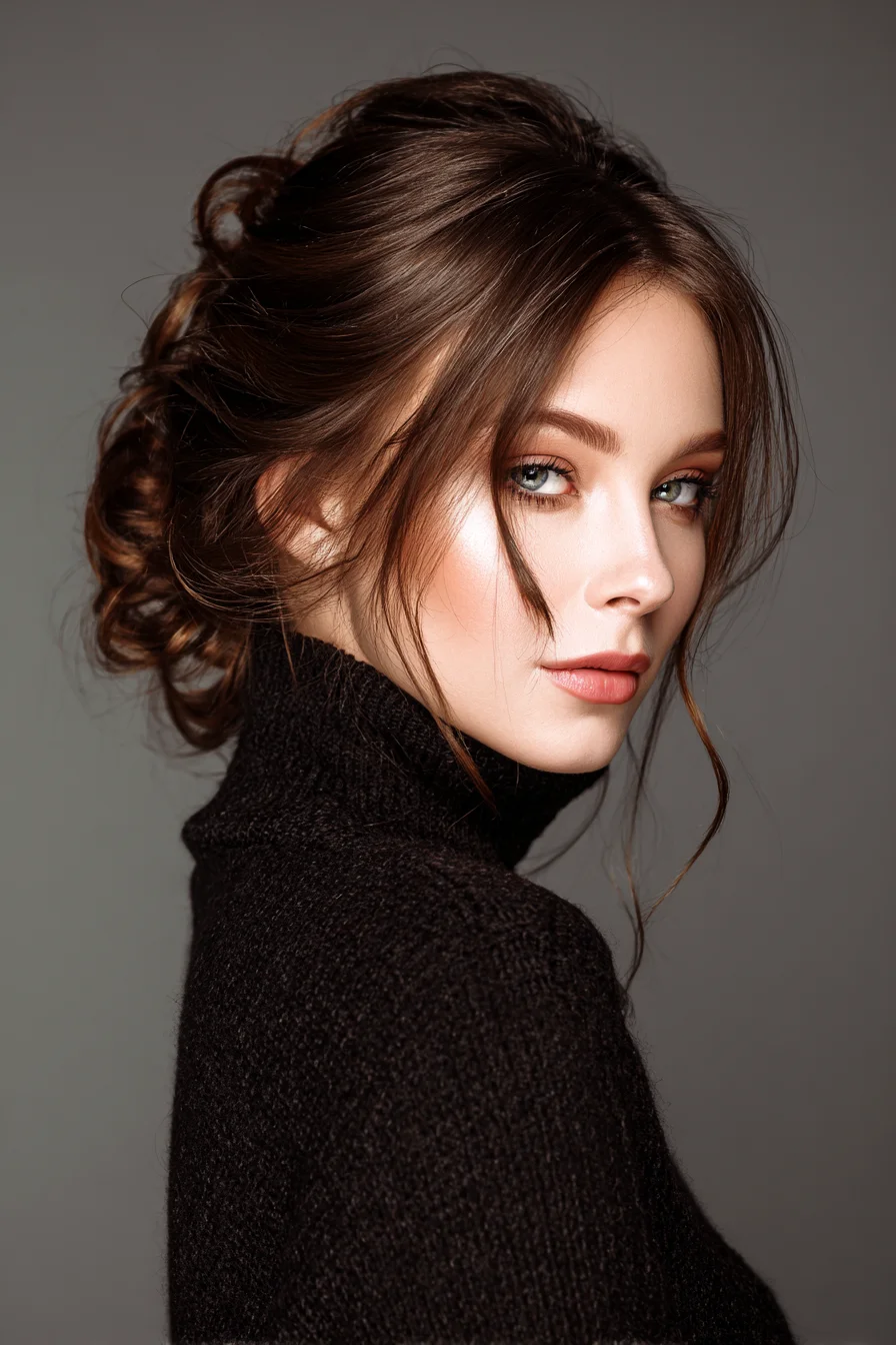 Textured Low Messy Bun with Face‑Framing Tendrils