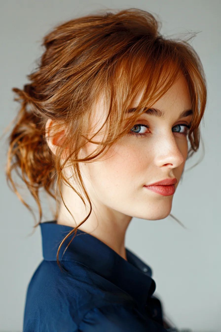 Textured Low Messy Bun with Wispy Face‑Framing Layers