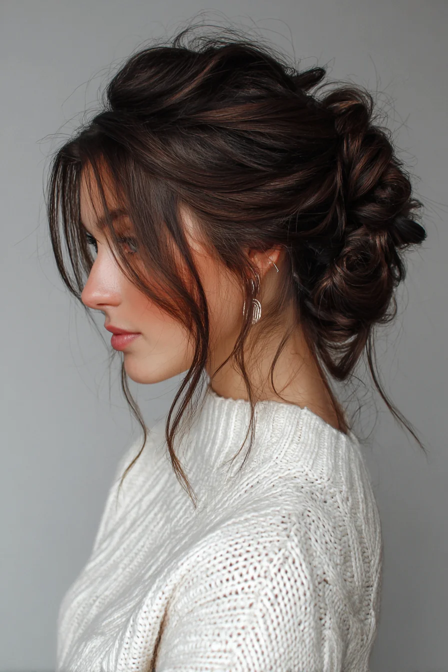 Textured Low Messy Chignon Updo with Face‑Framing Tendrils