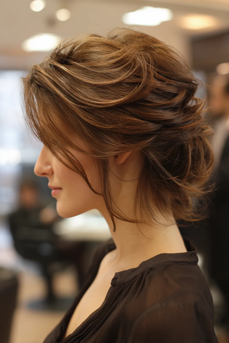 Textured Low Messy Updo with Face‑Framing Tendrils