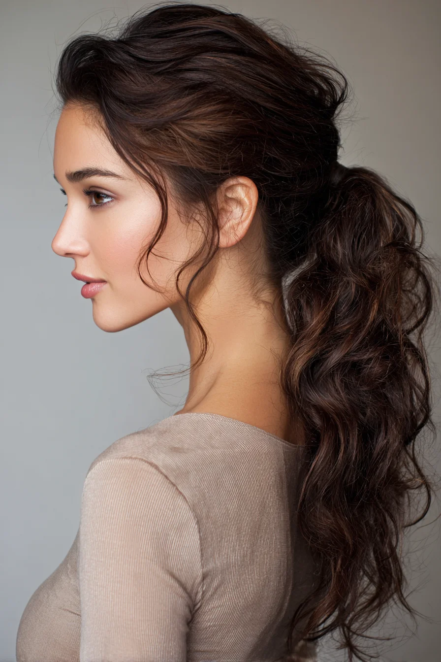 Textured Low Ponytail with Face‑Framing Waves — Long Wavy Hair