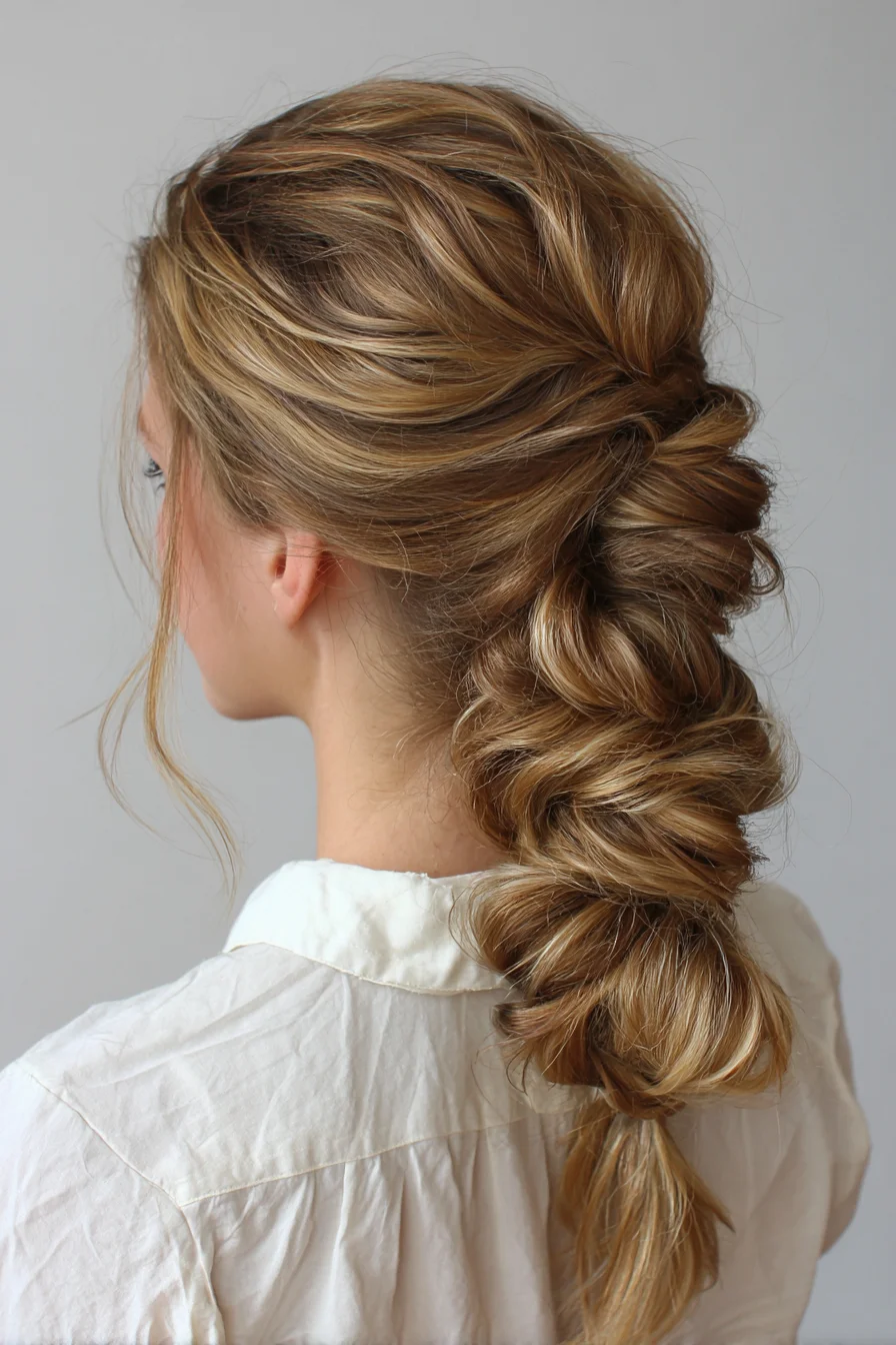 Textured Low Pull-Through Braid — Voluminous Tousled Romantic Updo