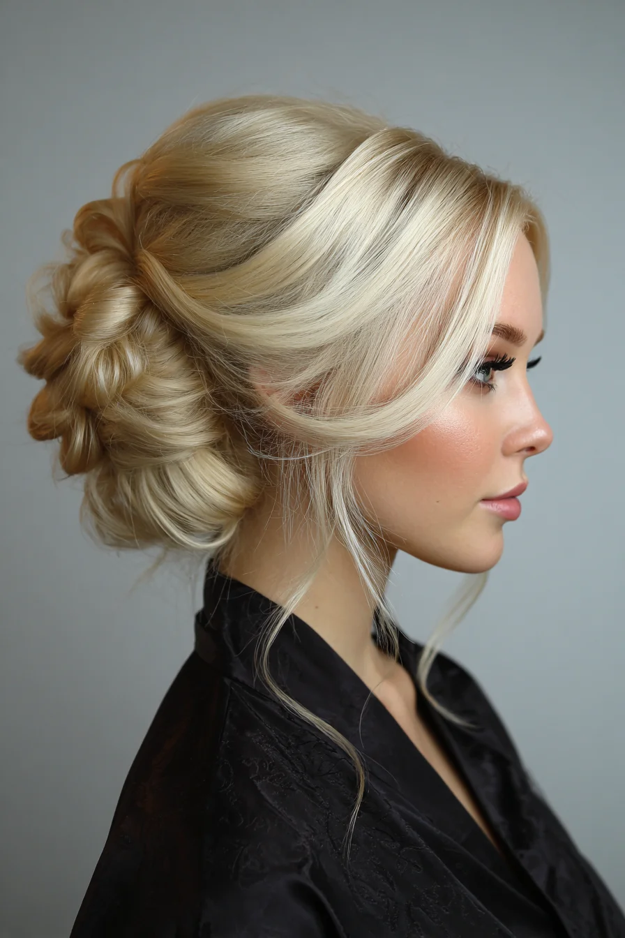 Textured Low Romantic Updo with Face‑Framing Tendrils