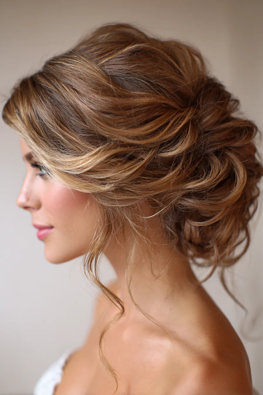 Textured Low Romantic Updo with Face‑Framing Tendrils
