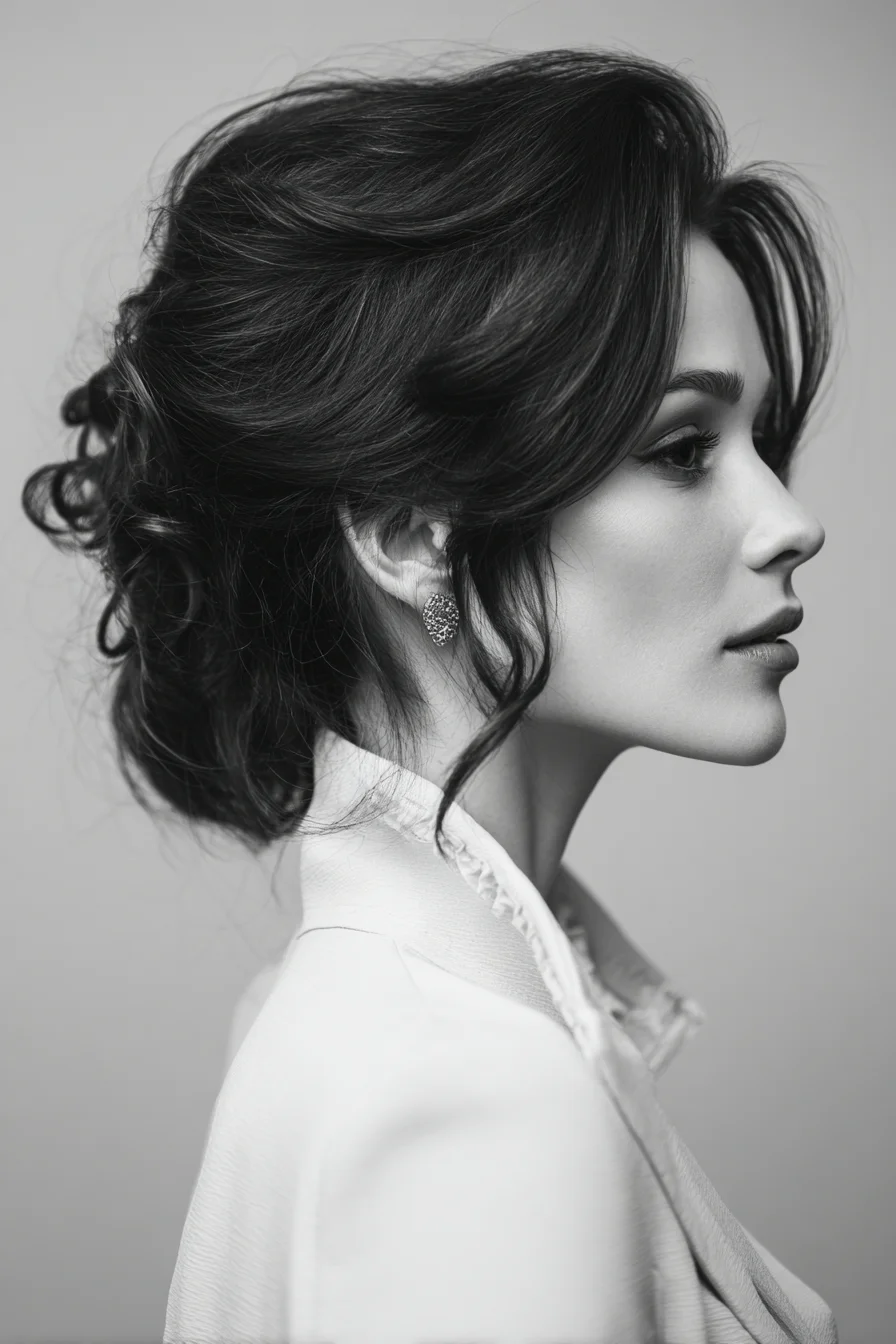Textured Low Tousled Updo with Face‑Framing Pieces