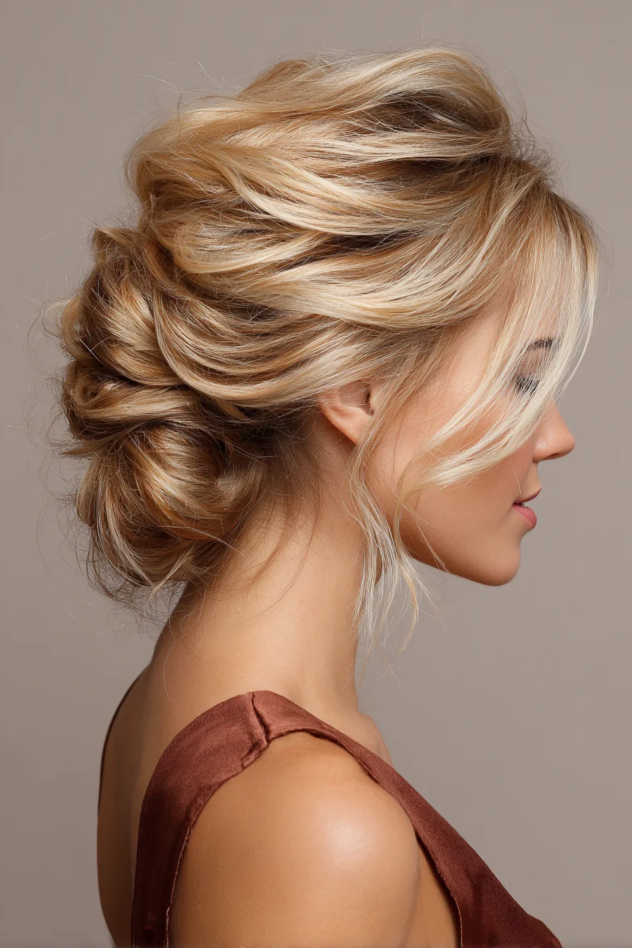 Textured Low Twisted Updo with Face‑Framing Tendrils