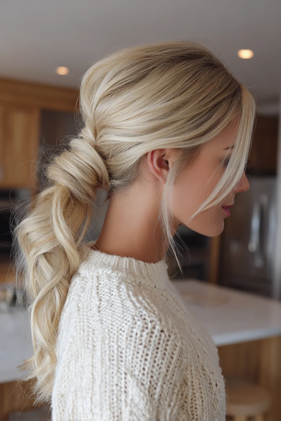 Textured Low Wrapped Ponytail with Soft Waves