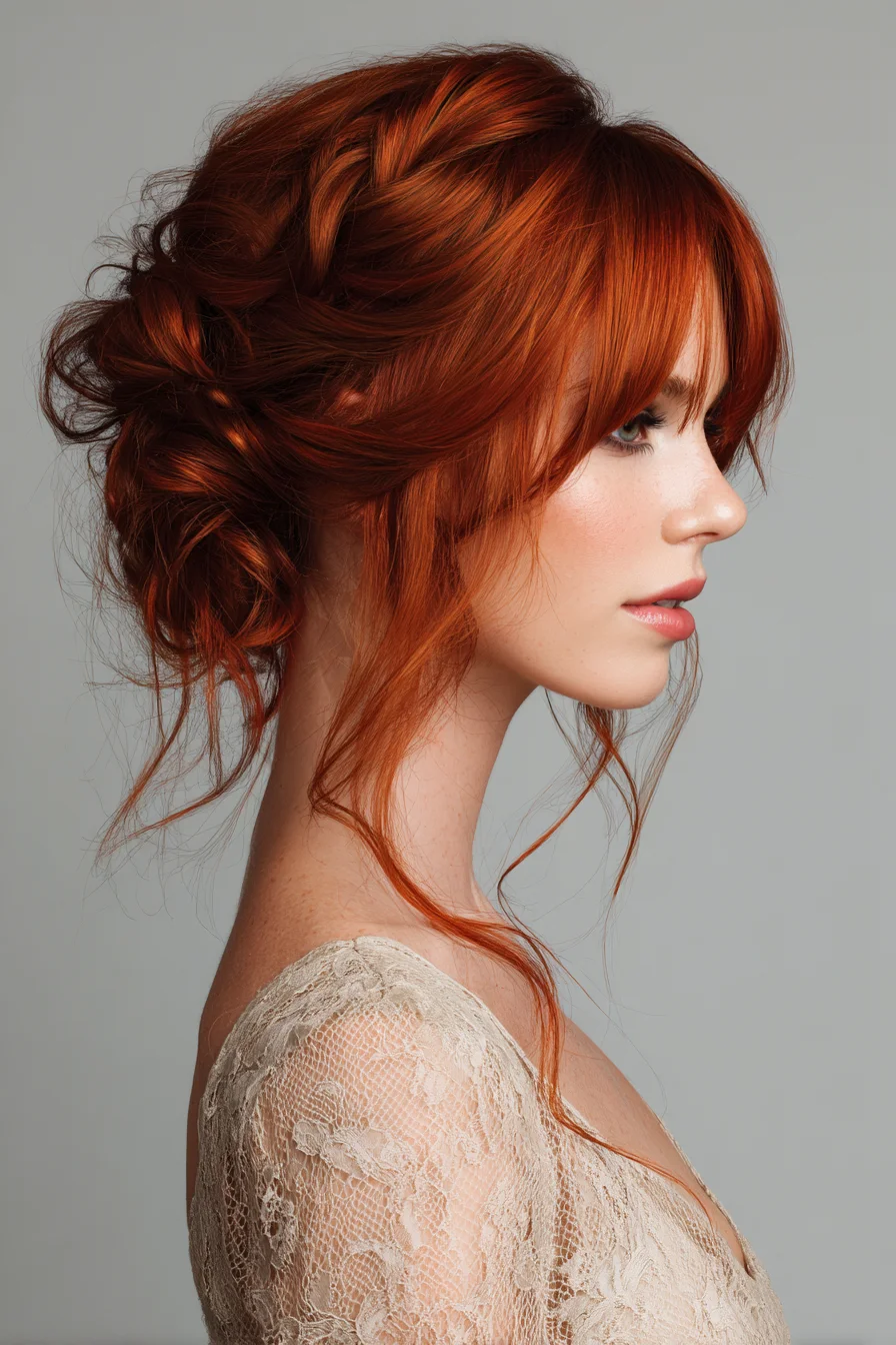 Textured Messy Braided Updo with Curtain Bangs