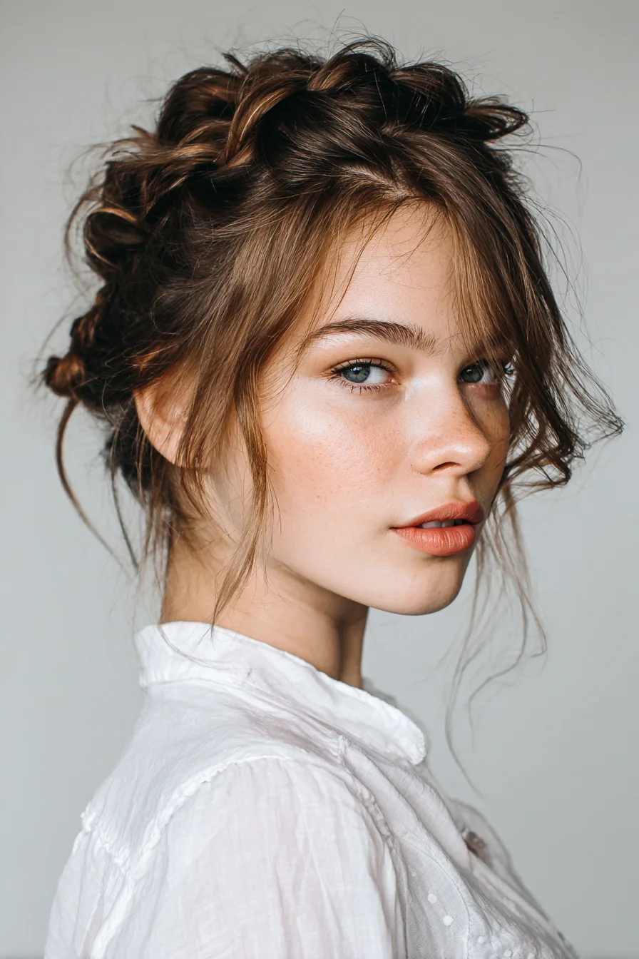 Textured Messy Braided Updo with Face‑Framing Tendrils