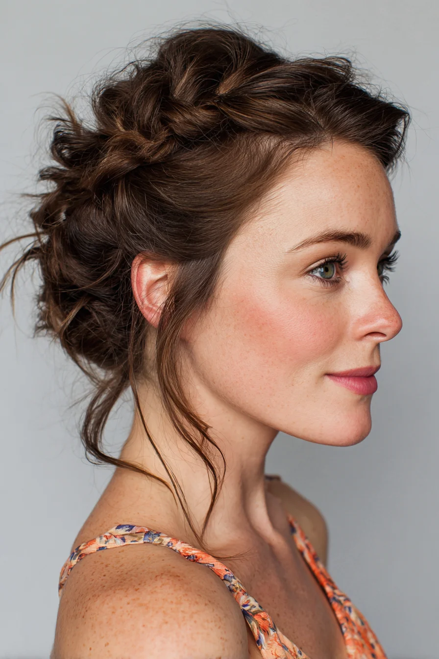 Textured Messy Braided Updo with Soft Face‑Framing Tendrils