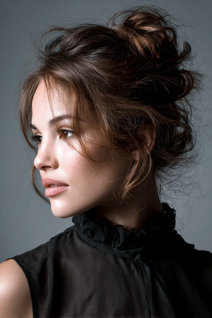 Textured Messy Bun Updo with Face‑Framing Tendrils