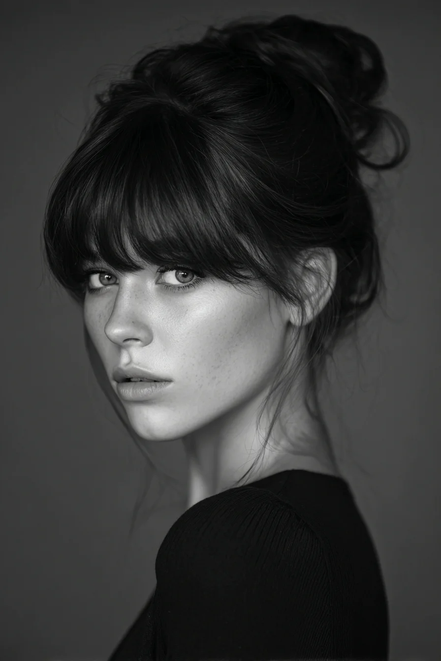 Textured Messy Bun Updo with Full Blunt Bangs