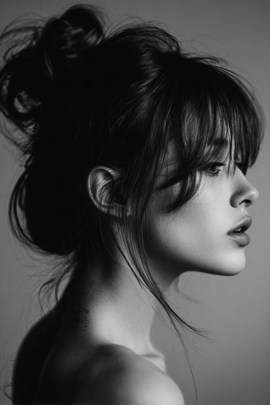 Textured Messy Bun with Curtain Bangs and Wispy Face‑Framing Strands