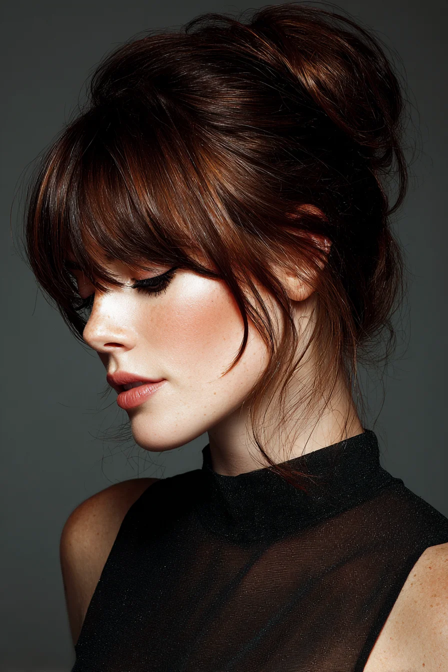 Textured Messy Bun with Curtain Bangs — Soft Updo for Medium to Thick Hair