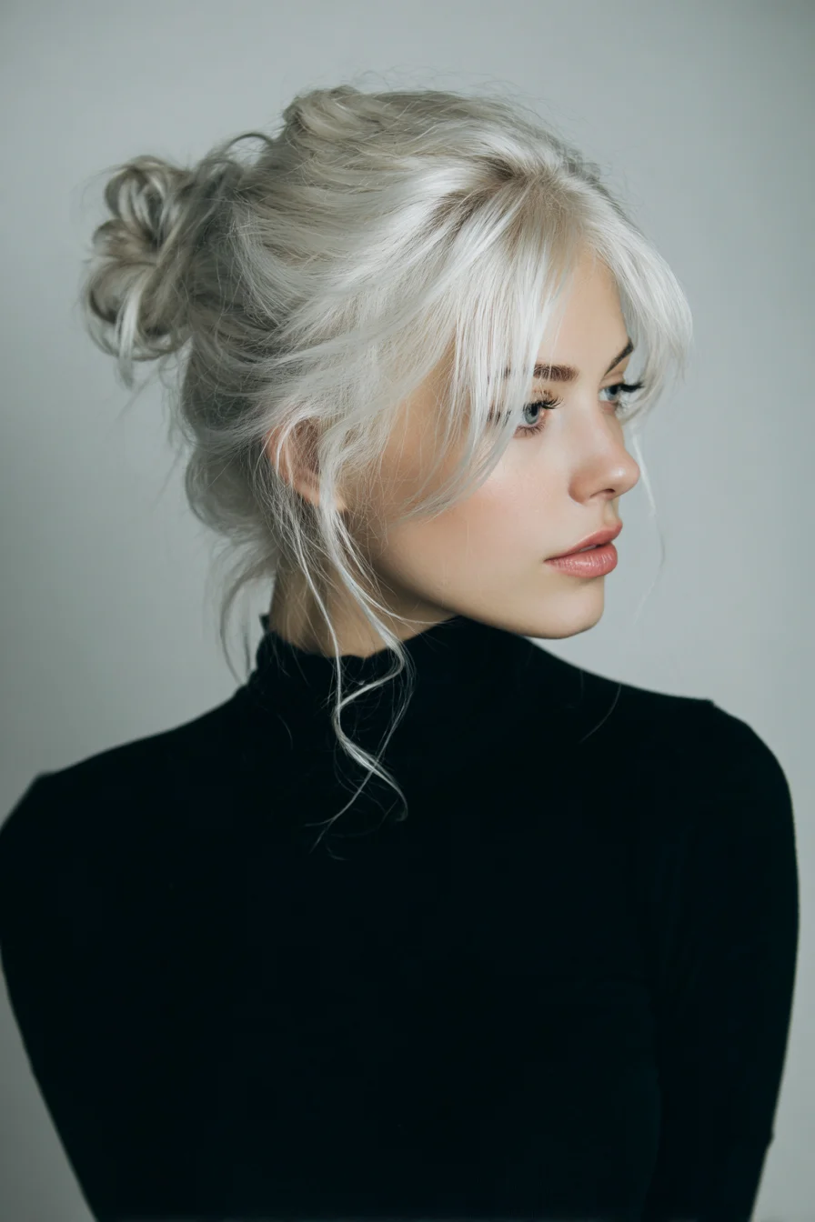 Textured Messy Bun with Curtain Bangs — Tousled Updo for Fine to Medium Hair