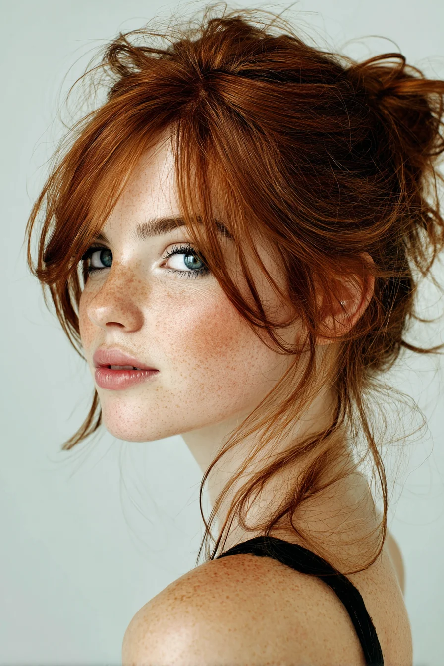 Textured Messy Bun with Face‑Framing Bangs (Voluminous Updo)