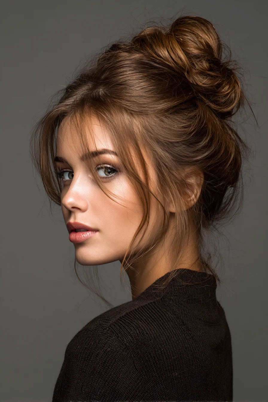 Textured Messy Bun with Face‑Framing Layers