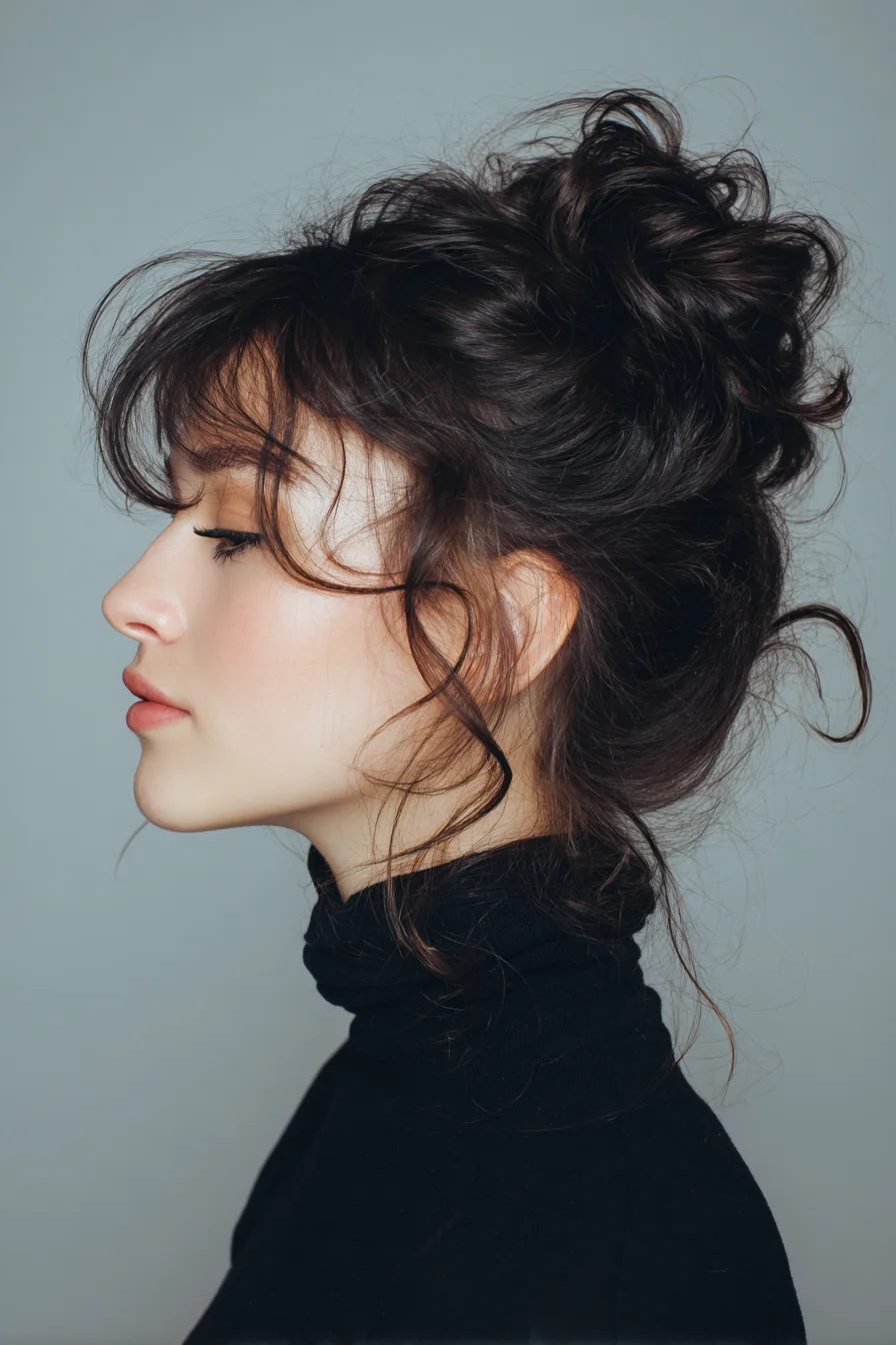 Textured Messy Bun with Face‑Framing Tendrils and Soft Fringe