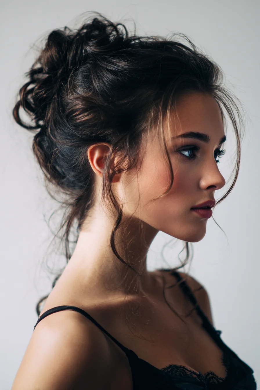 Textured Messy Bun with Face‑Framing Tendrils — Updo for Wavy/Curly Hair