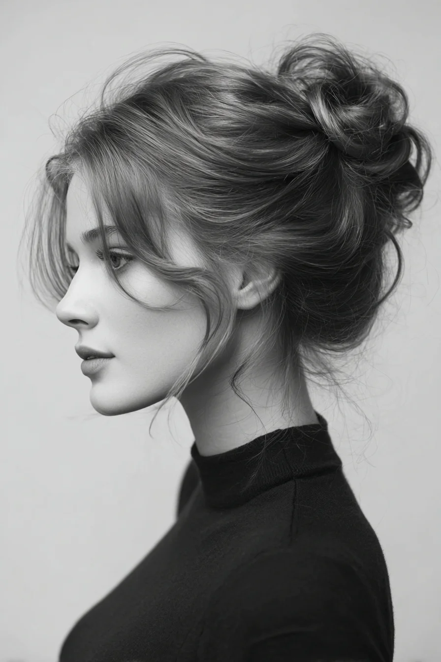 Textured Messy Bun with Face‑Framing Tresses — Soft Updo for Medium to Long Hair