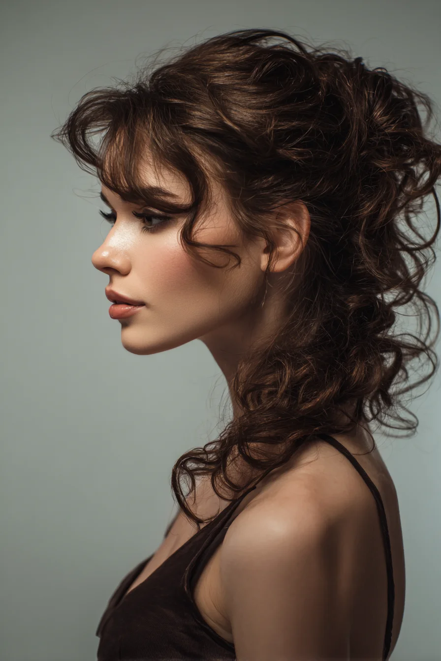 Textured Messy Curly Updo with Soft Face‑Framing Curls and Bangs
