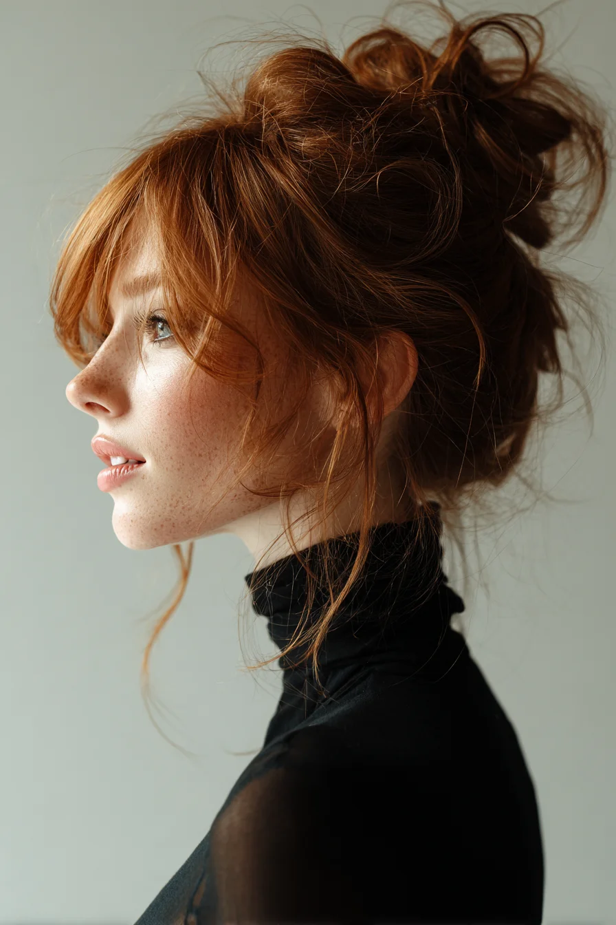 Textured Messy High Bun with Curtain Bangs