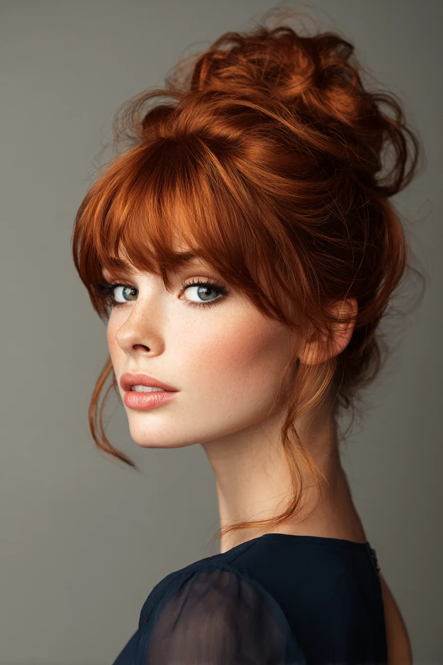 Textured Messy High Bun with Curtain Bangs and Face‑Framing Strands