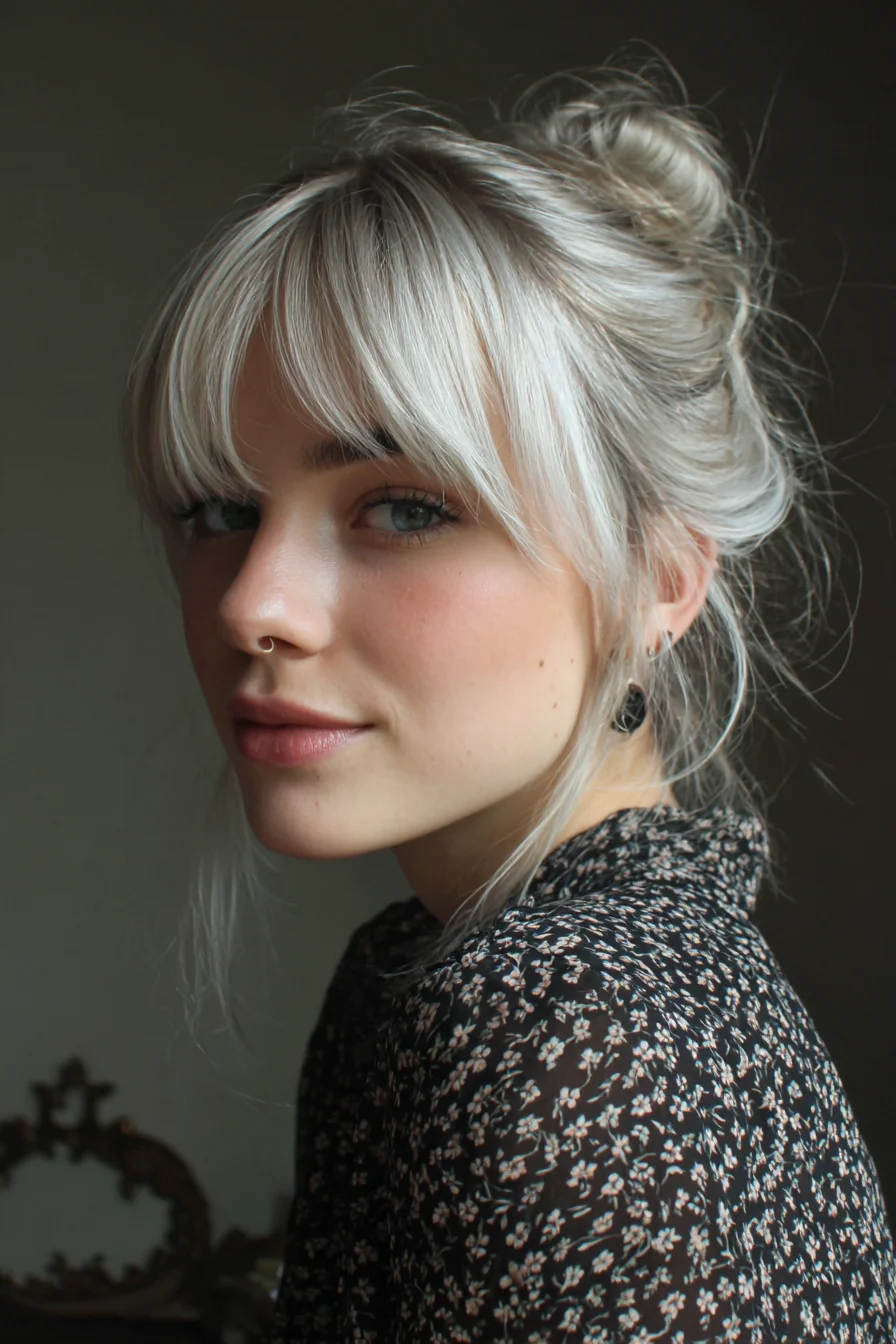 Textured Messy High Bun with Curtain Bangs — Ash Silver Blonde