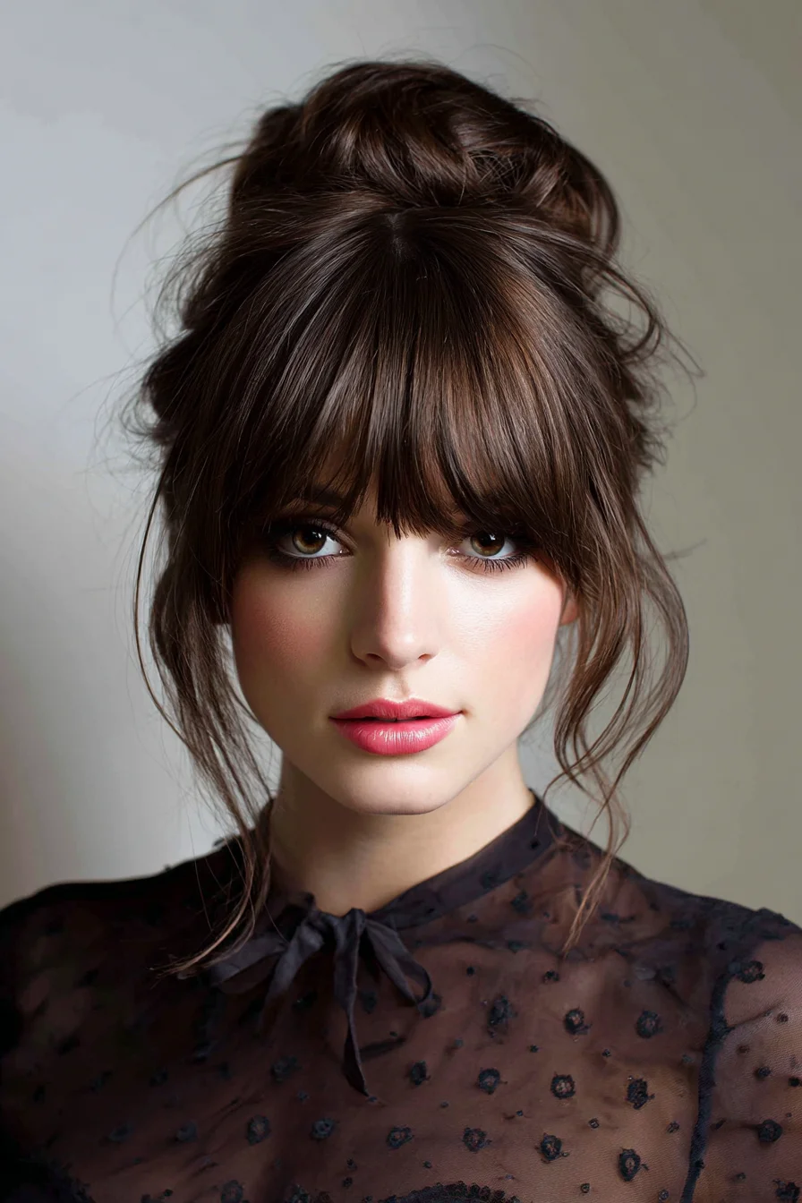 Textured Messy High Bun with Curtain Fringe