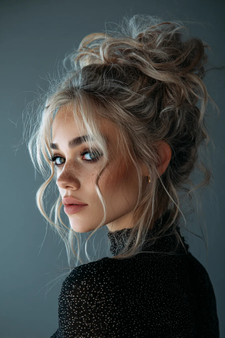 Textured Messy High Bun with Face-Framing Curtain Bangs