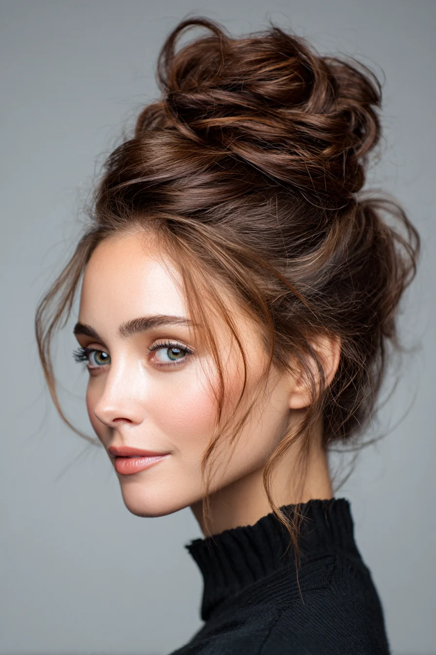 Textured Messy High Bun with Face‑Framing Pieces