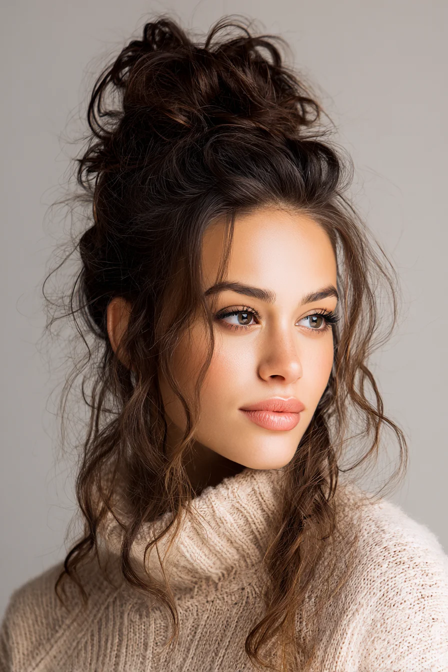 Textured Messy High Bun with Face‑Framing Tendrils