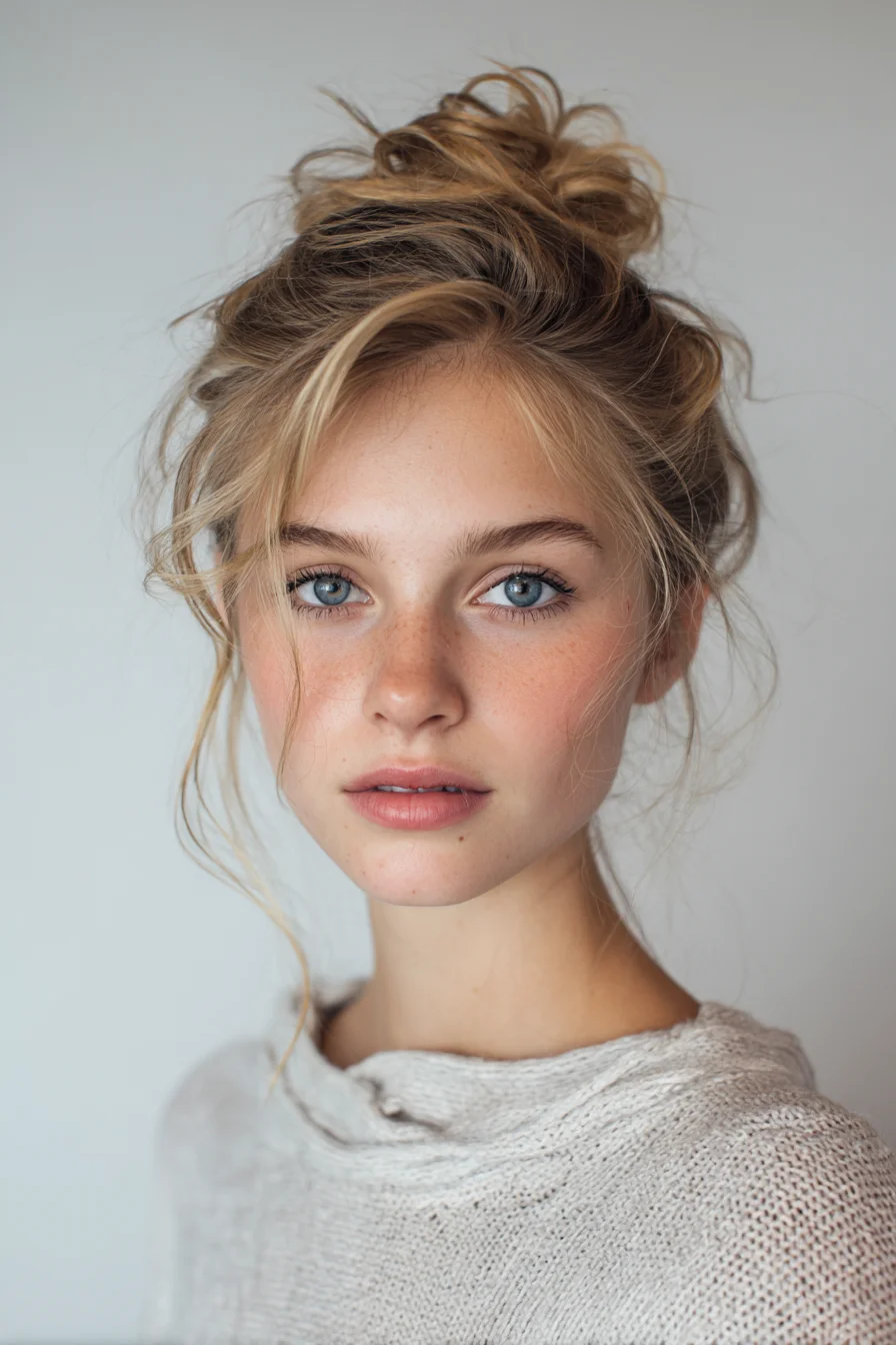 Textured Messy High Bun with Face‑Framing Tendrils