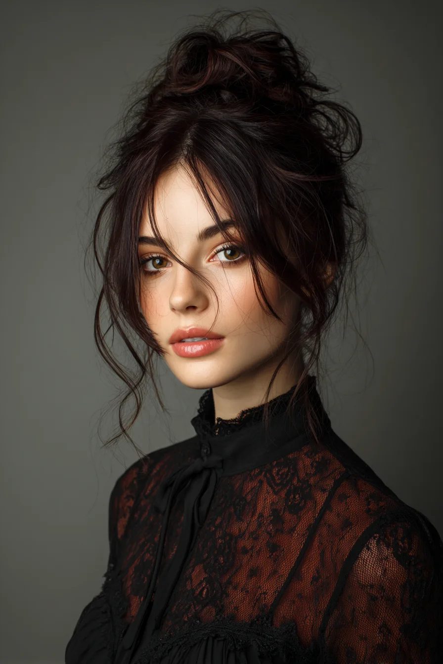 Textured Messy High Bun with Face‑Framing Tendrils and Curtain Bangs