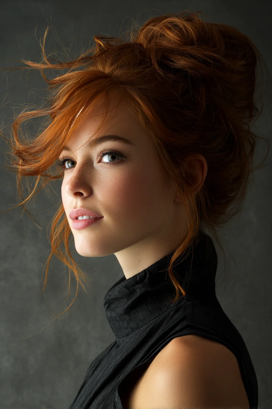 Textured Messy High Bun with Face‑Framing Tendrils for Long Red Hair