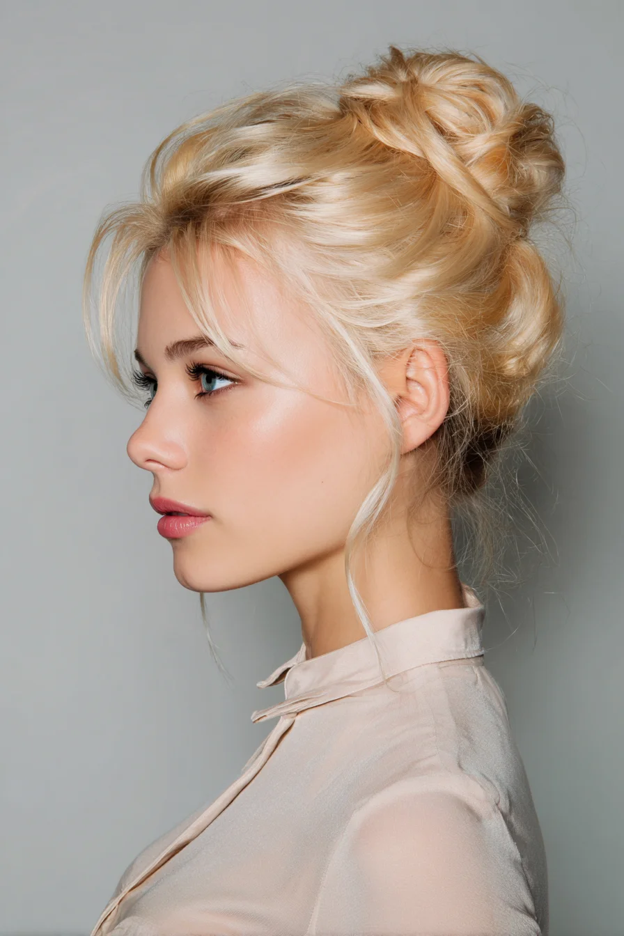 Textured Messy High Bun with Face‑Framing Tendrils