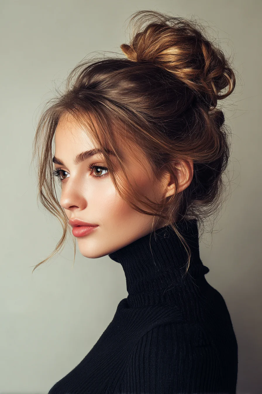 Textured Messy High Bun with Face‑Framing Wisps