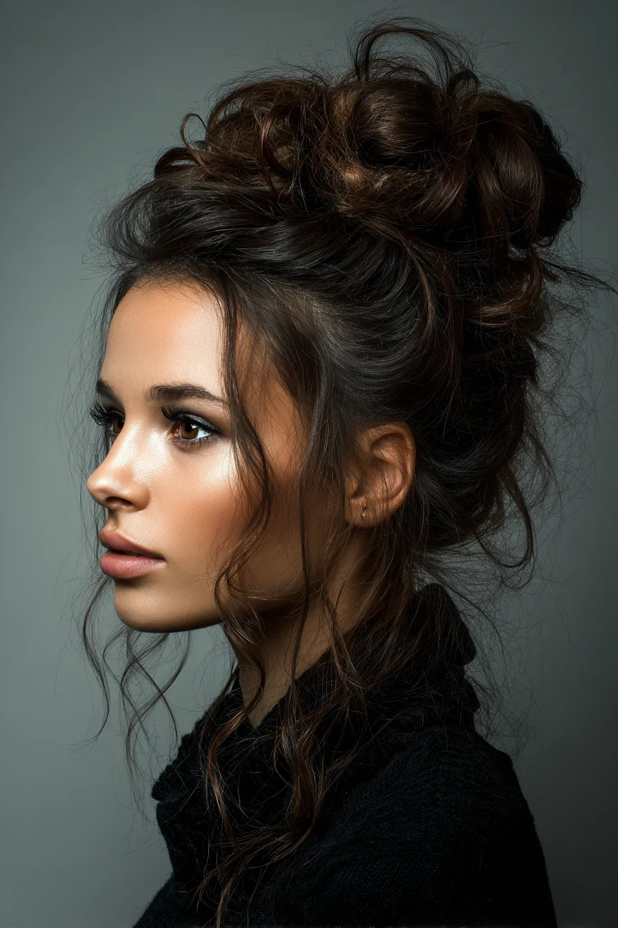 Textured Messy High Bun with Loose Face‑Framing Tendrils