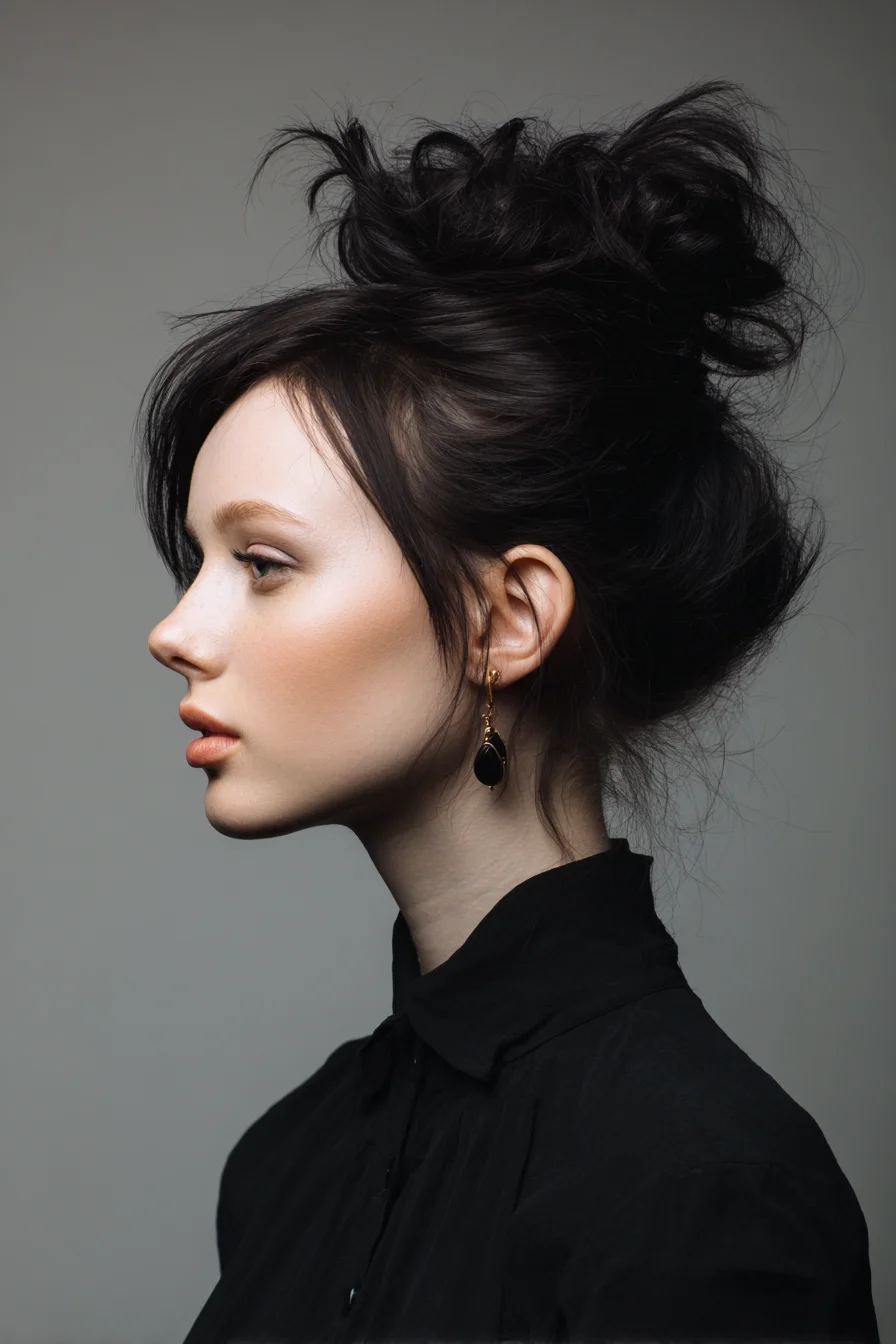 Textured Messy High Bun with Soft Face‑Framing Fringe