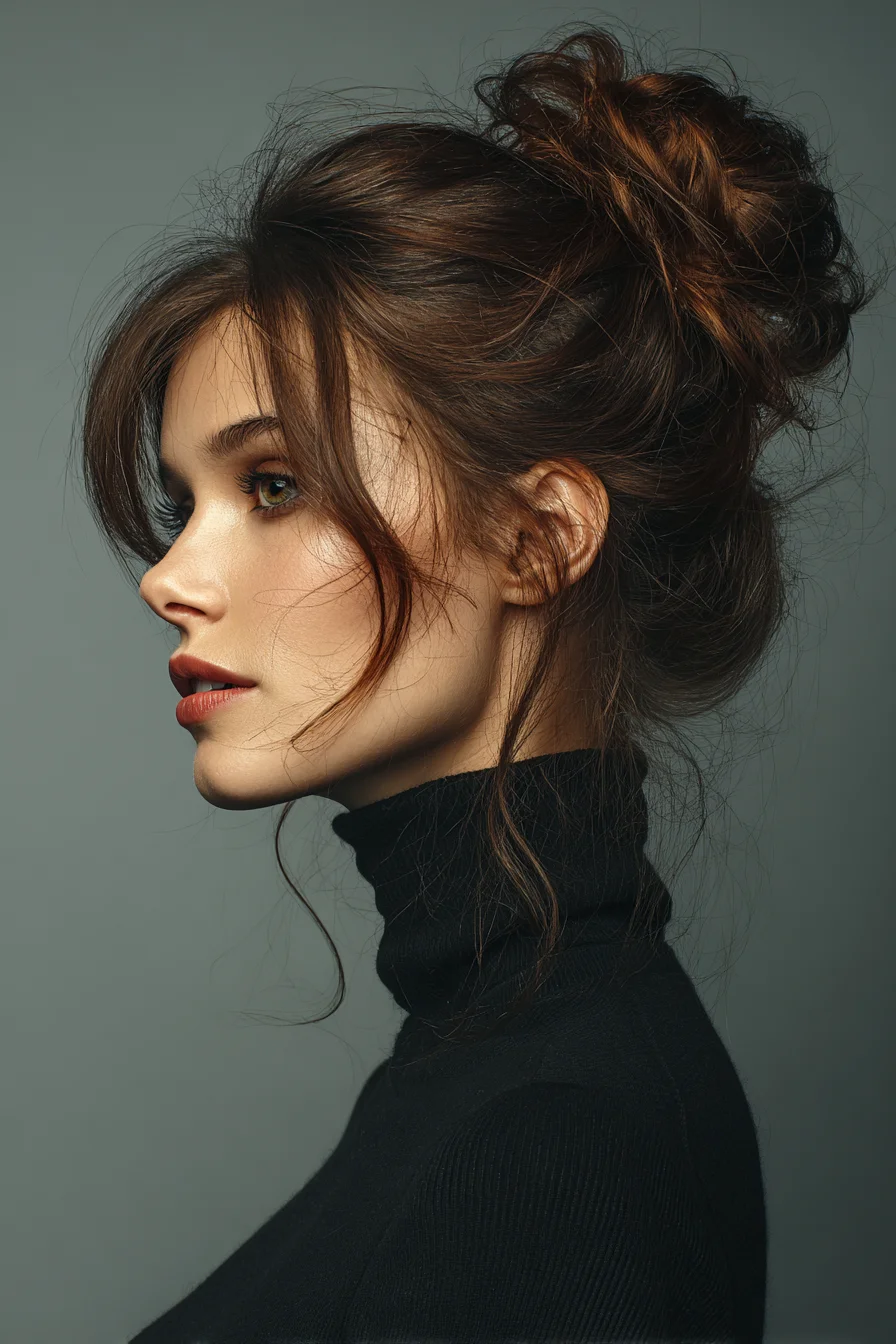 Textured Messy High Bun with Soft Face-Framing Layers