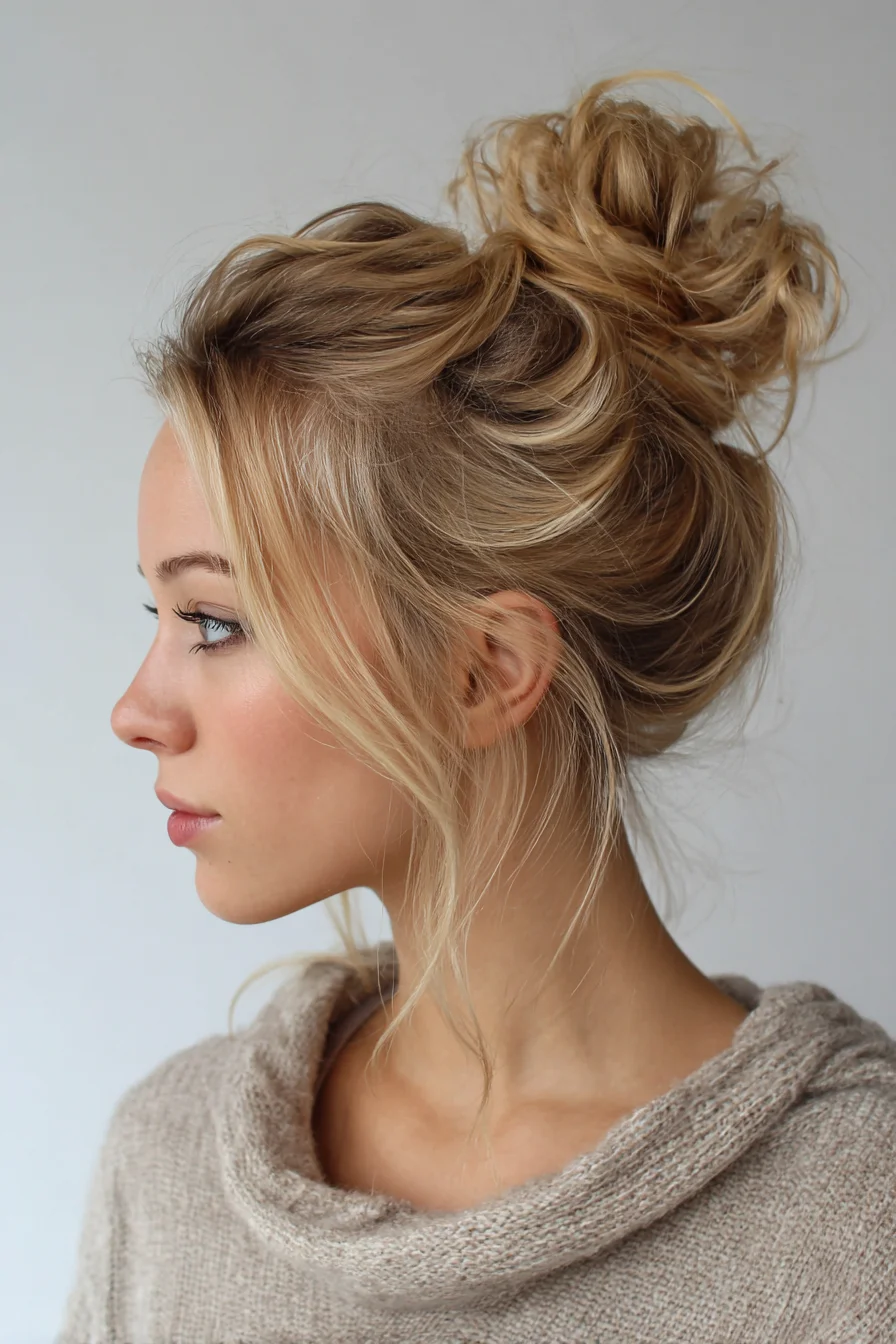 Textured Messy High Bun with Soft Face‑Framing Pieces