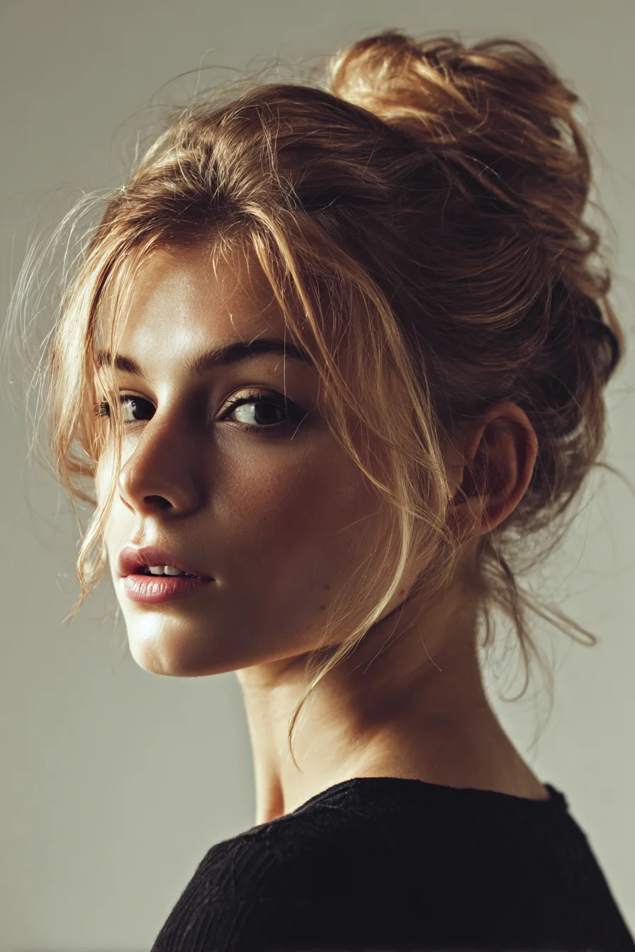 Textured Messy High Bun with Soft Face-Framing Tendrils