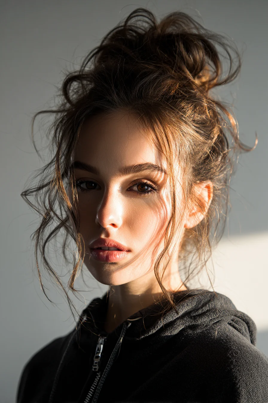Textured Messy High Bun with Soft Face‑Framing Tendrils