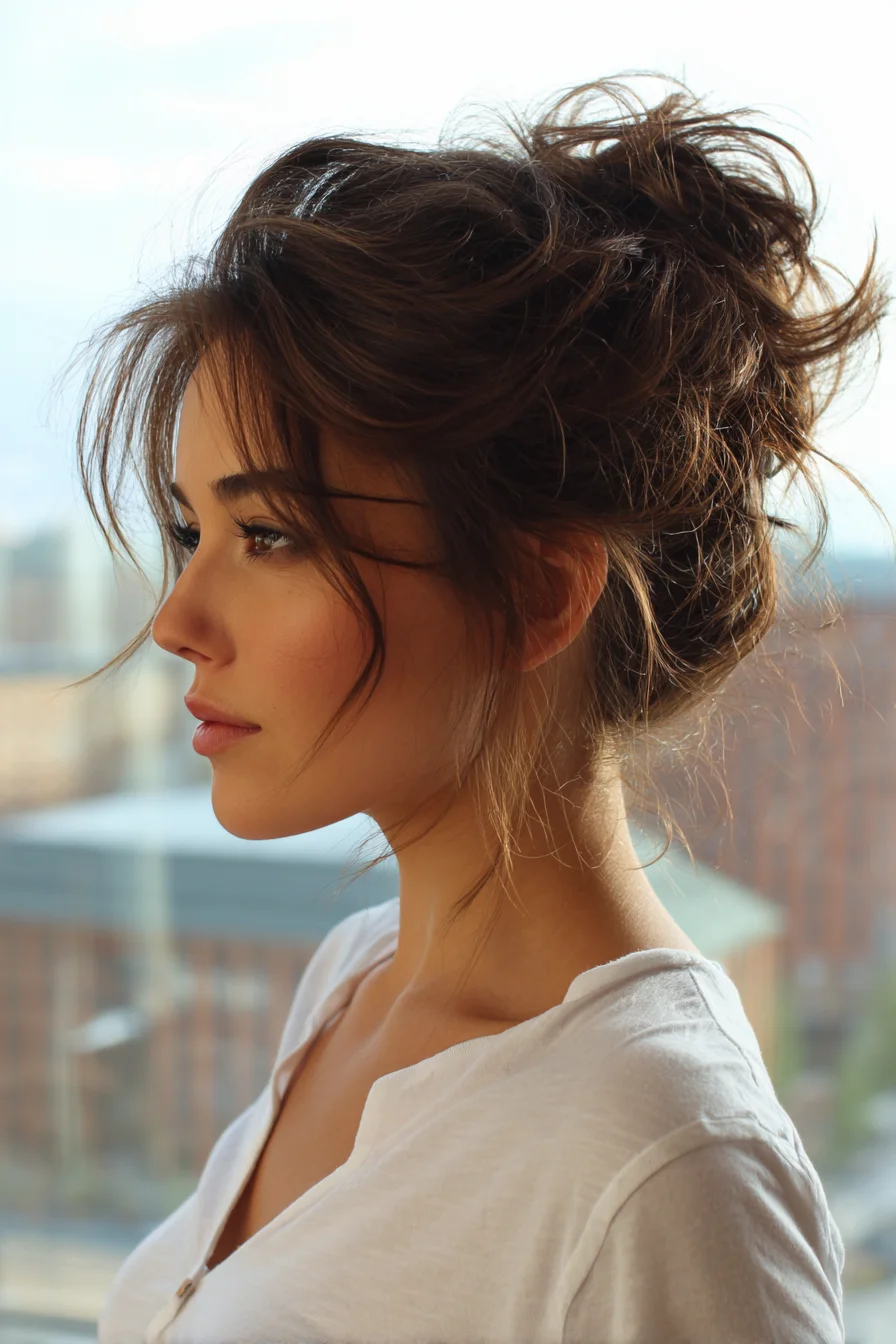 Textured Messy High Bun with Soft Face‑Framing Tendrils