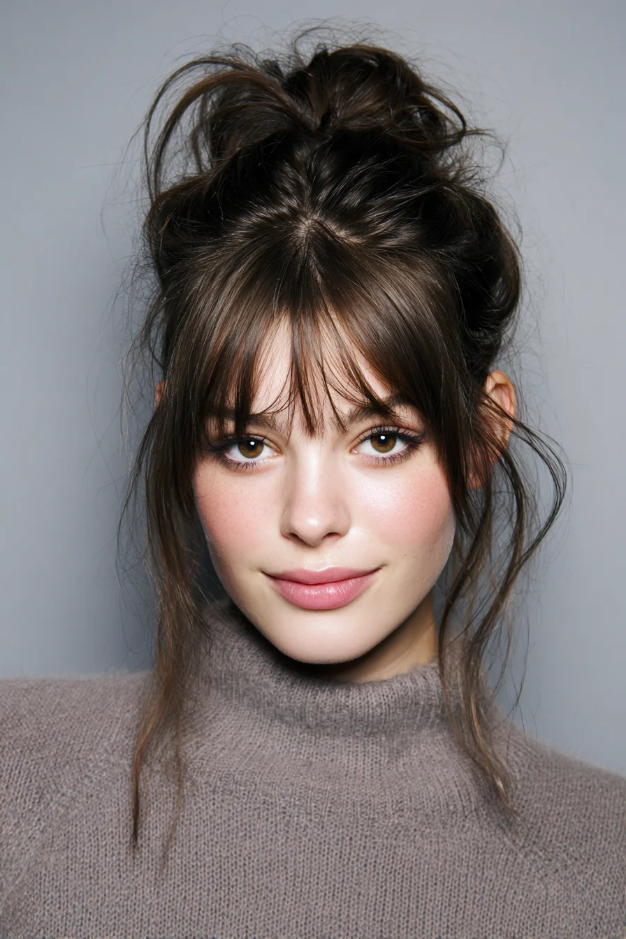 Textured Messy High Bun with Wispy Curtain Bangs